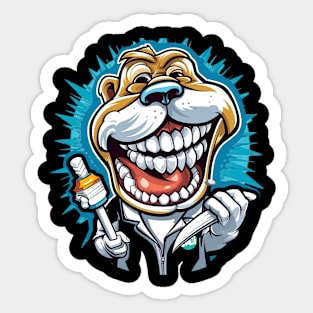 An illustration of an English bulldog wearing a dentist coat and holding a toothbrush Sticker